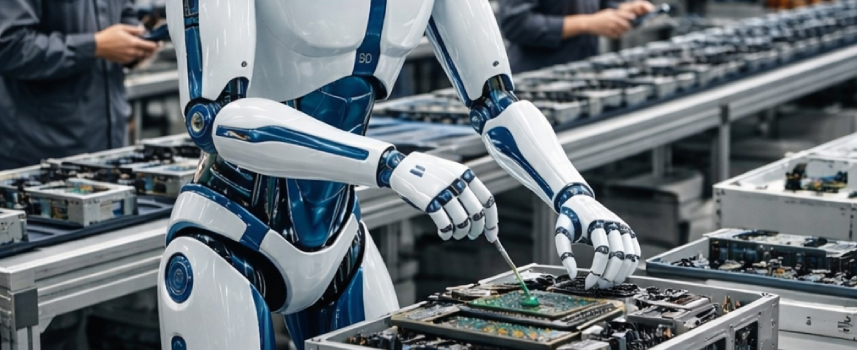 Humanoid robot and engineer collaborating in a modern factory, with assembly lines and robotic arms in the background, creating a futuristic and efficient atmosphere.
